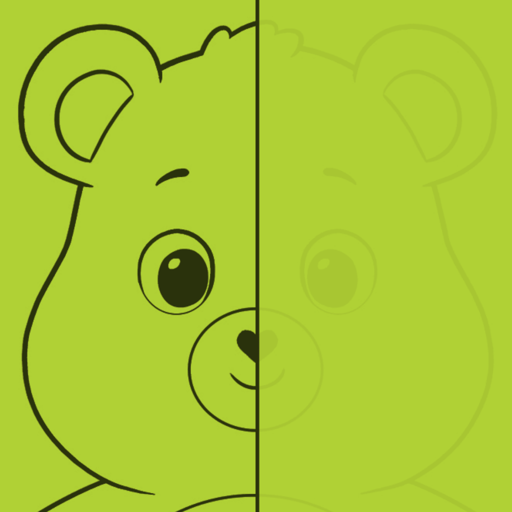 Care Bear face symmetry drawing, left half shown with a vertical center line